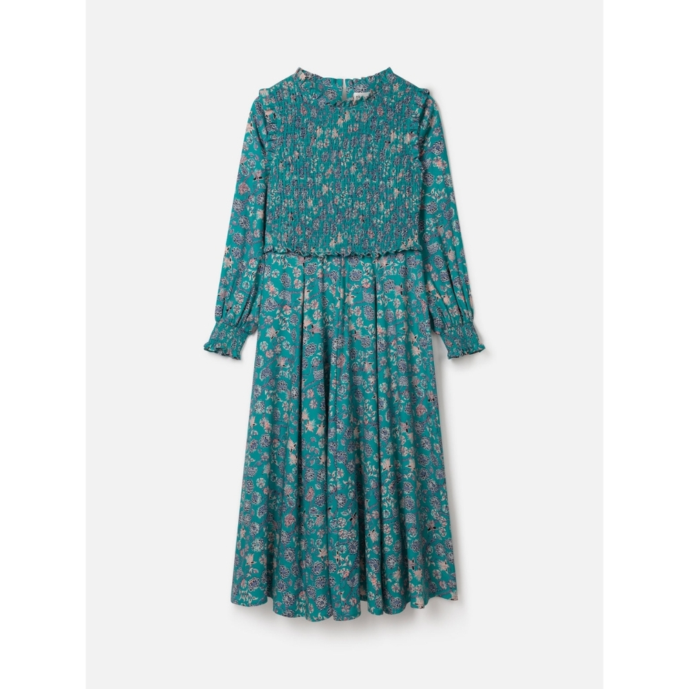Teal Floral Maxi Dress with Smocked Bodice